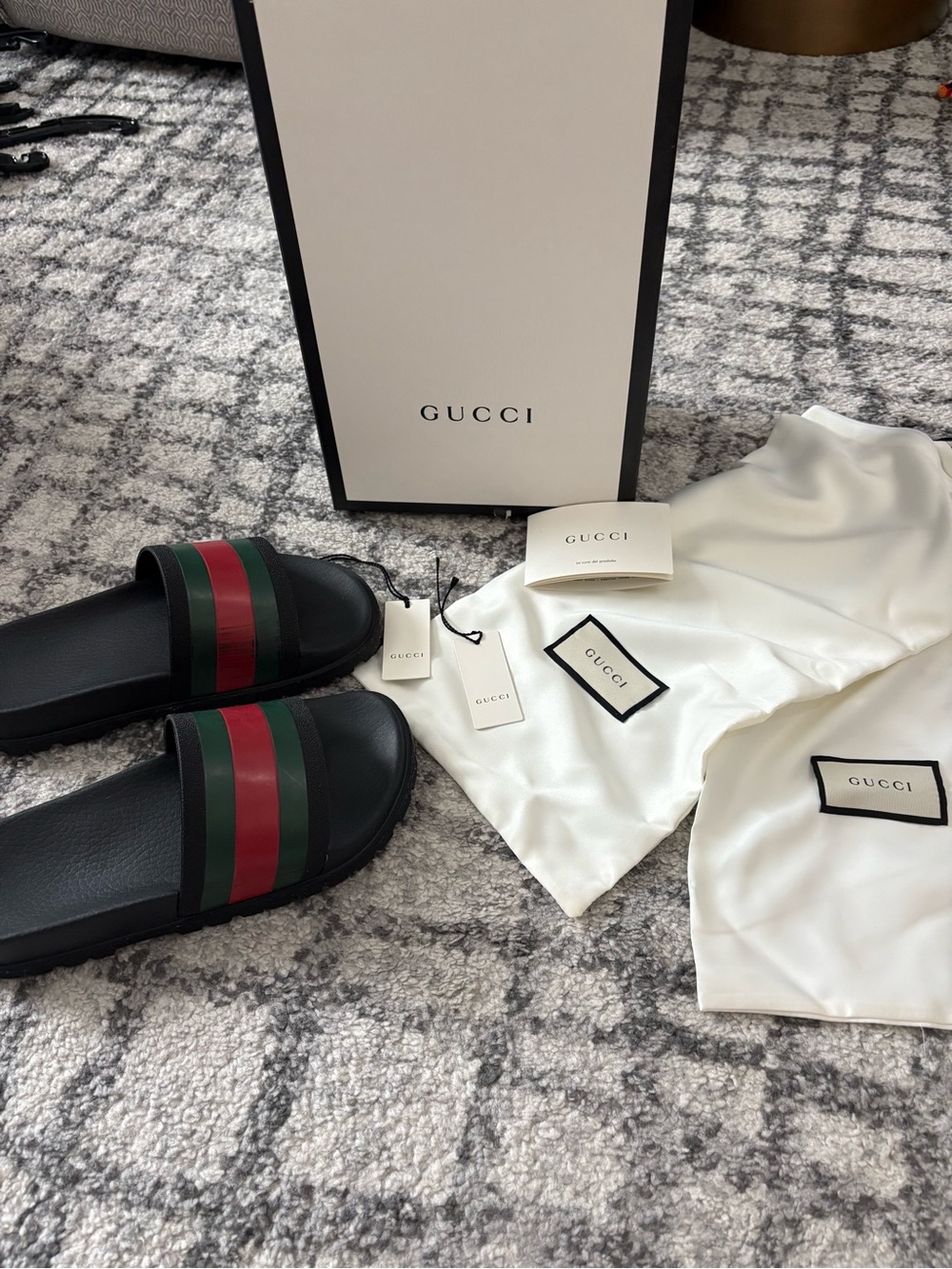 Gucci Black Slides with Green and Red Web Stripe
